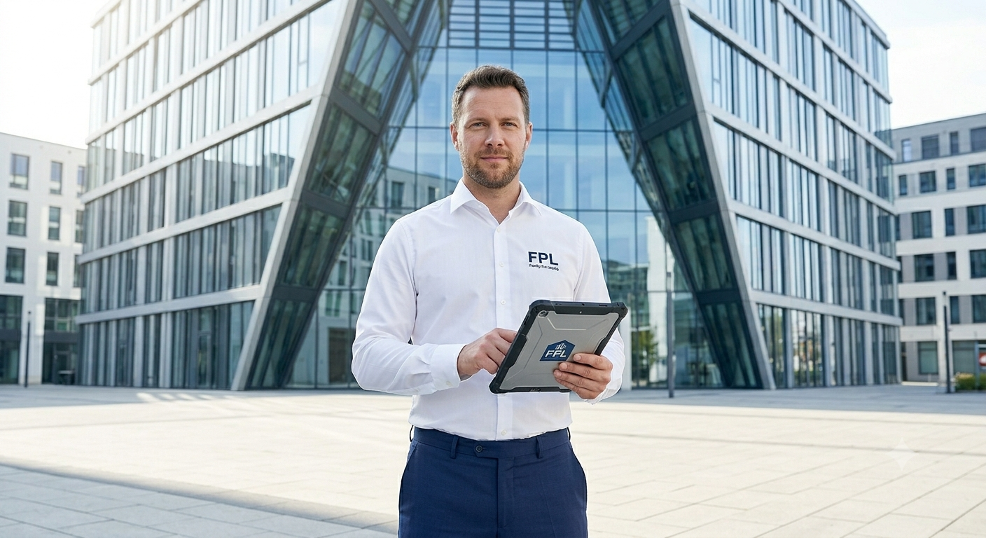 Professioneller Objektbetreuer mit Tablet vor einem modernen Gebäude